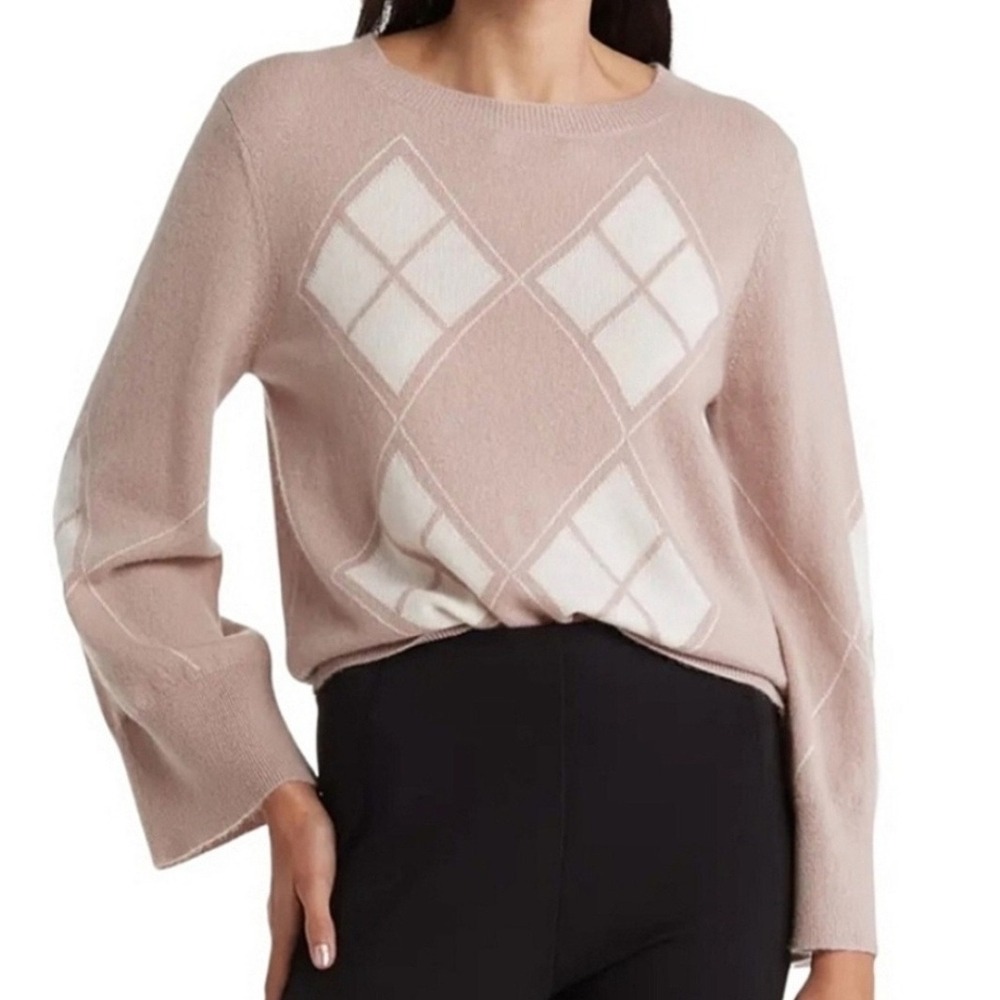 Magaschoni Argyleâ Pullover 100% Cashmere Sweater Size Large